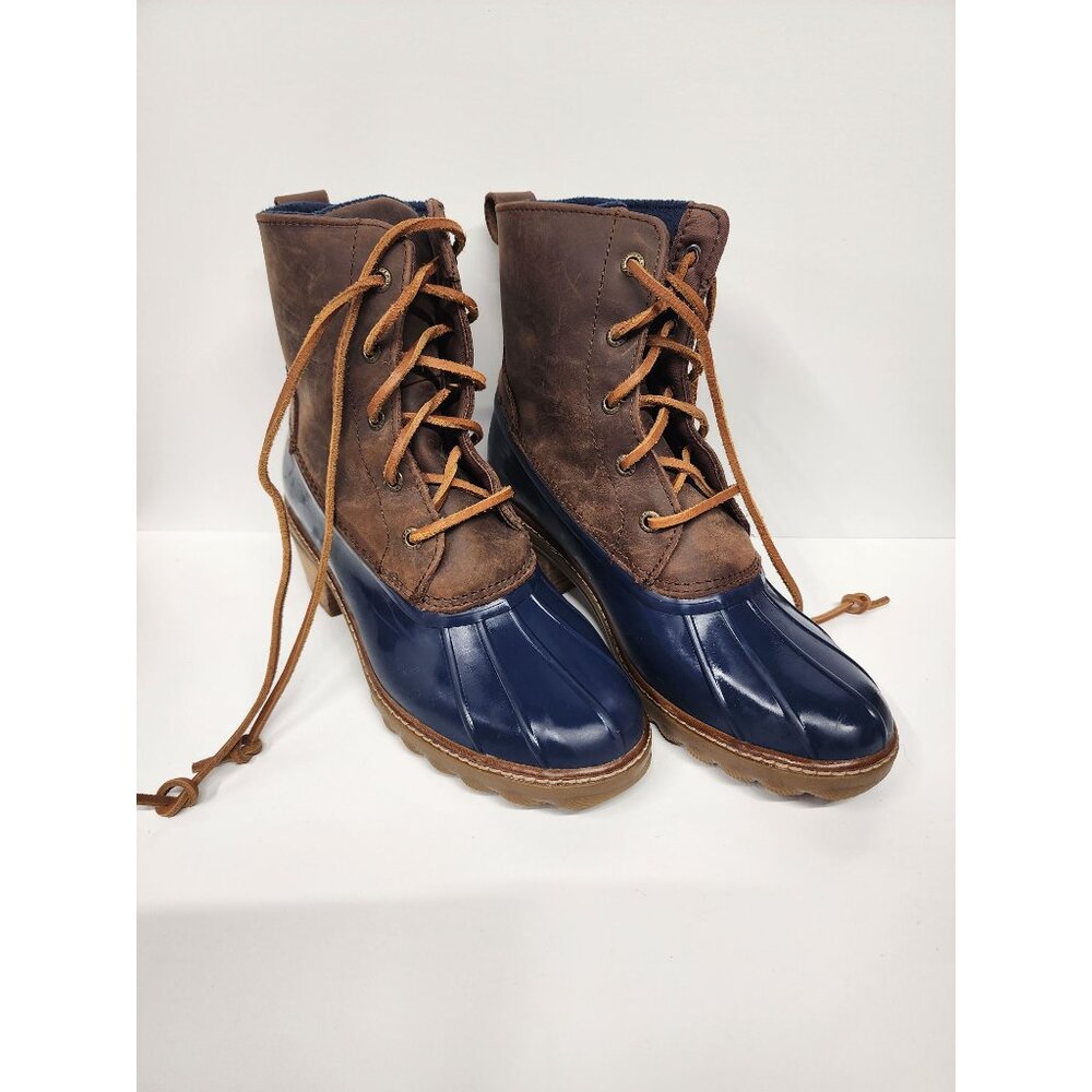 Size 8.5 Sperry Women's Saltwater Brown/Navy Heeled Duck Boots